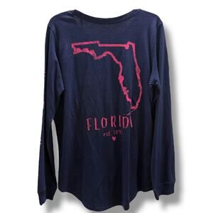State of Mine Womens Long Sleeve Florida Est 1845 Navy Blue Pink Tee NEW